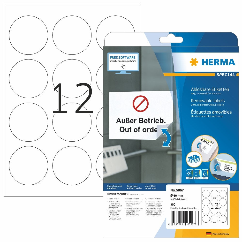 Herma avtagbare runde etiketter 60mm: Ark med tolv runde, avtagbare etiketter fra Herma. Emballasjen viser produktinfo og eksempel på bruk for midlertidig merking, for eksempel "Ute av drift".