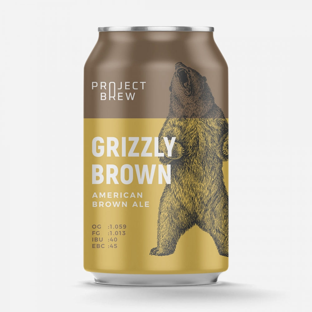 En brun og gul boks merket Project Brew Grizzly Brown Ale - allgrain ølsett, en amerikansk Brown Ale, har en stående grizzlybjørn - ideell for fans av håndverksbrygging.