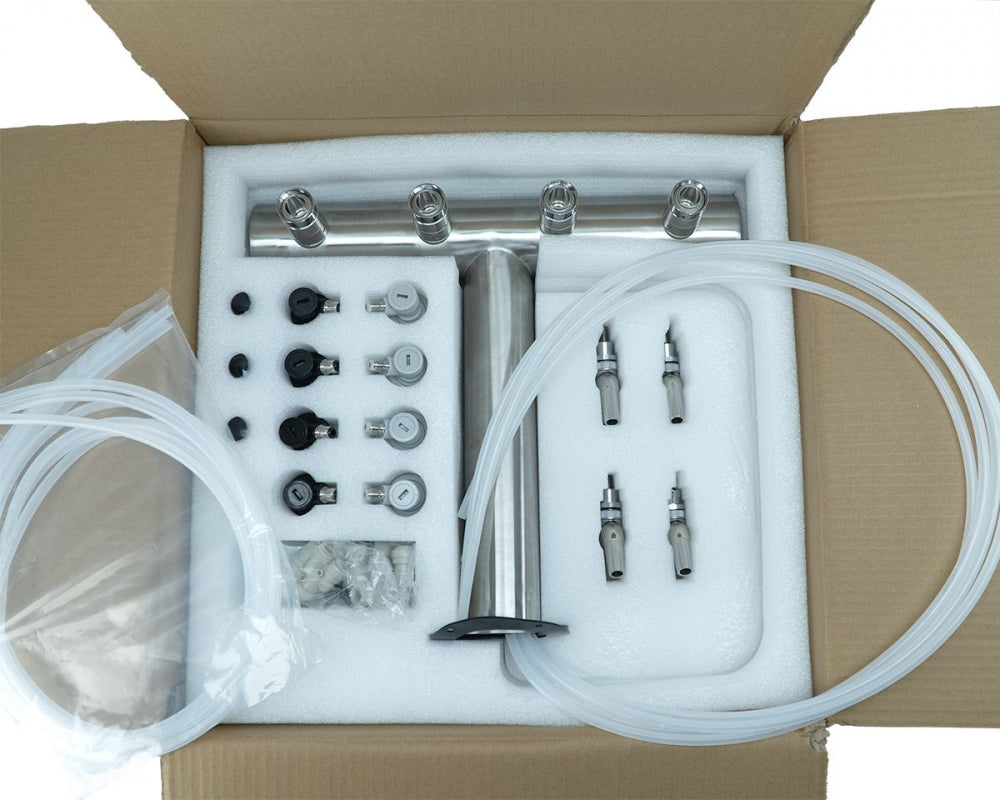 Keg King UltraT FasTap Tappetårn sett med 4 kraner inkluderer slanger, ventiler, koblinger og rustfritt stålmanifold, alt pent pakket i en skumpolstret eske - ideelt for kegerator- eller tappetårnoppsettet ditt.