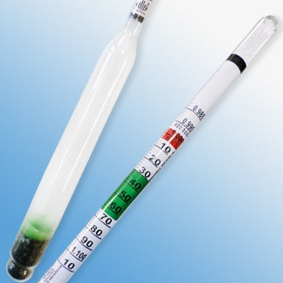 Hydrometer til øl, cider og vin fra Alla France måler væskers densitet eller spesifikke tyngdekraft (SG 0,980-1,110) med hvit skala og farvede målezoner.