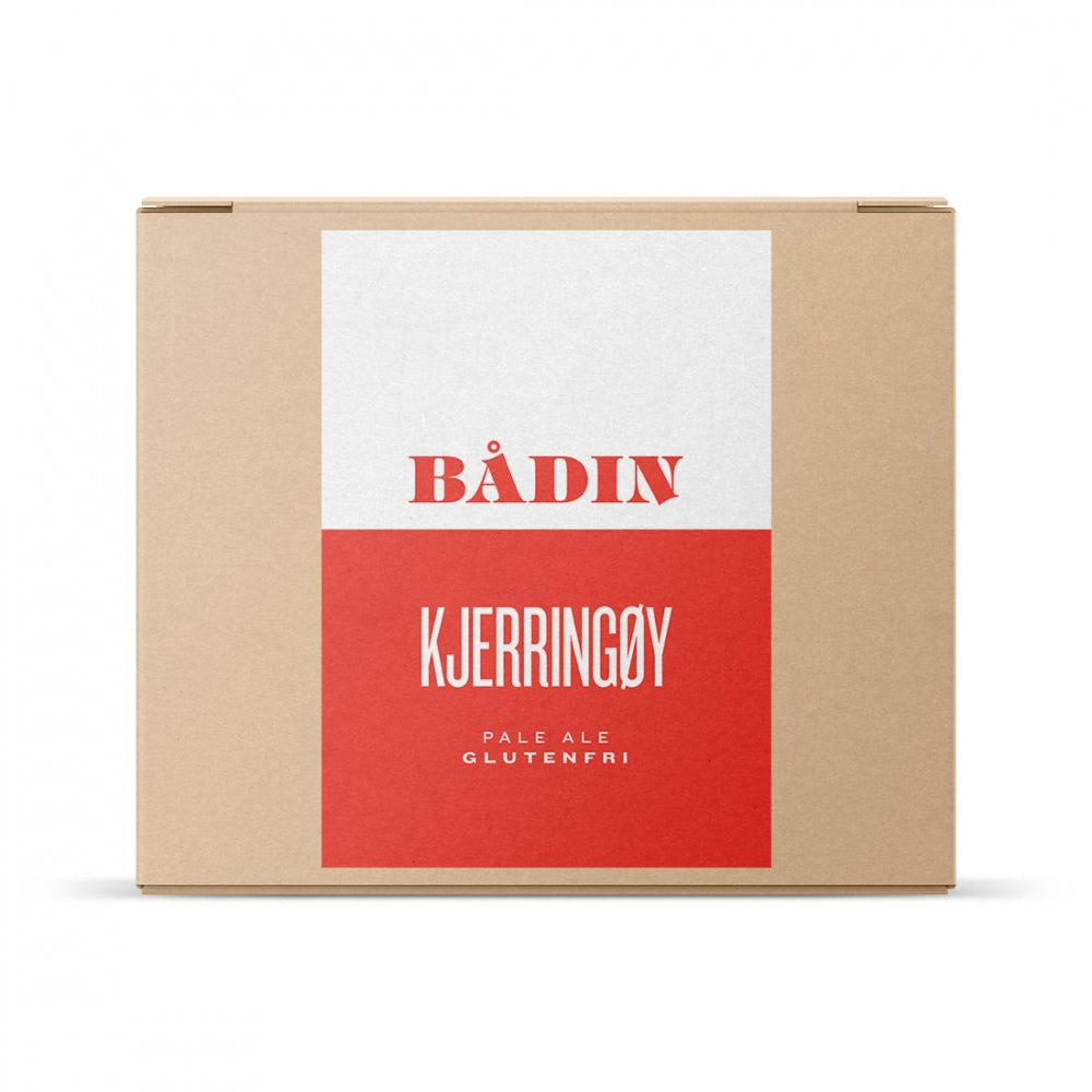 Bådin Kjerringøy Pale Ale - allgrain ølsett fra Brewshop står det på en pappeske med hvit og rød etikett, ideell for deg som vil brygge en glutenfri pale ale hjemme.