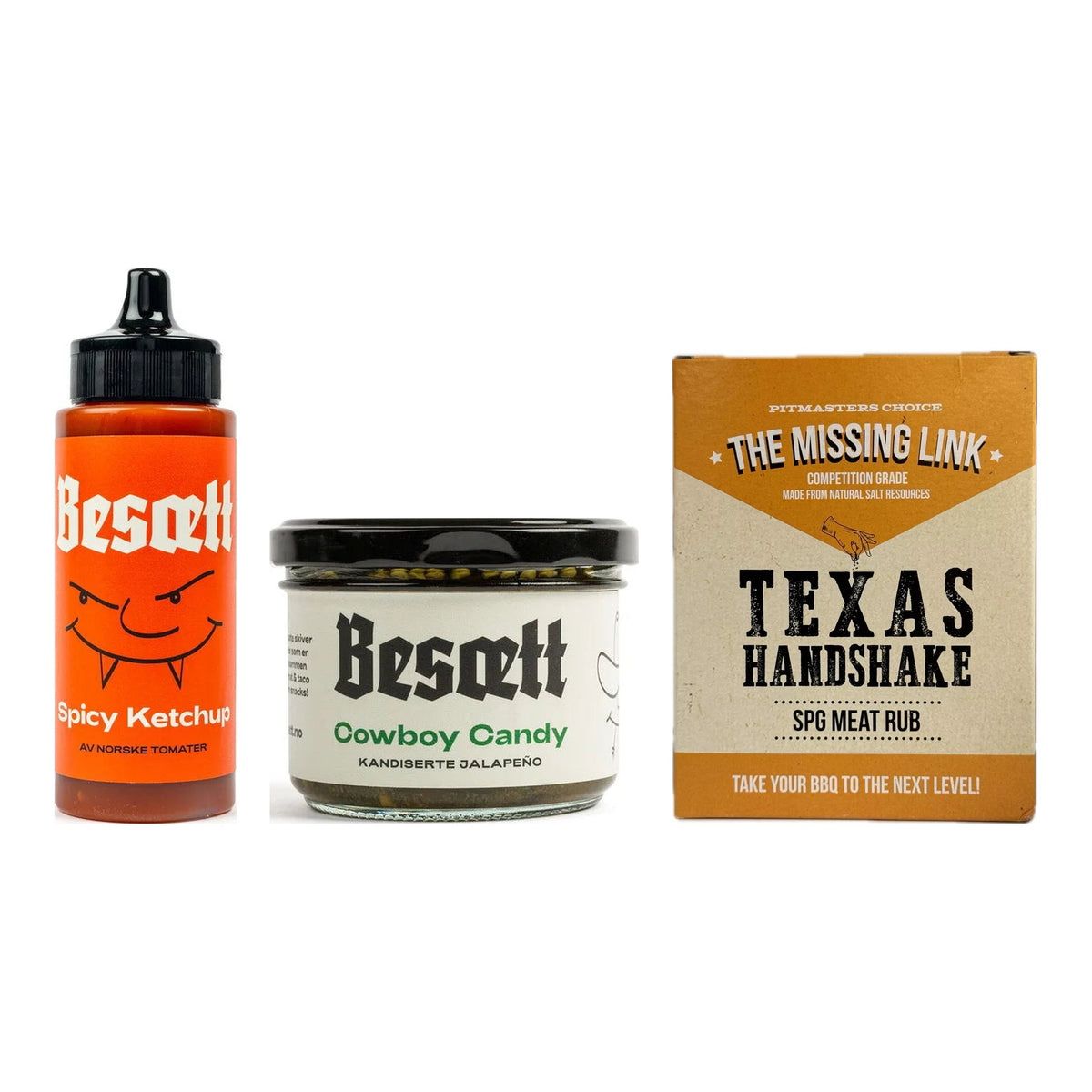 BBQ-paket Burgare och Korv – Spicy Ketchup och Cowboy Candy från Besætt och The Missing Link Texas Handshake SPG Rub