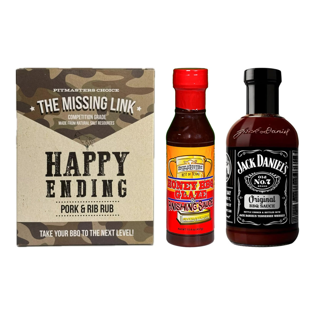 BBQ-paket Ribs – The Missing Link Happy Ending Pork & Rib Rub, Sucklebusters Honey BBQ Glaze och Jack Daniel´s BBQ Original