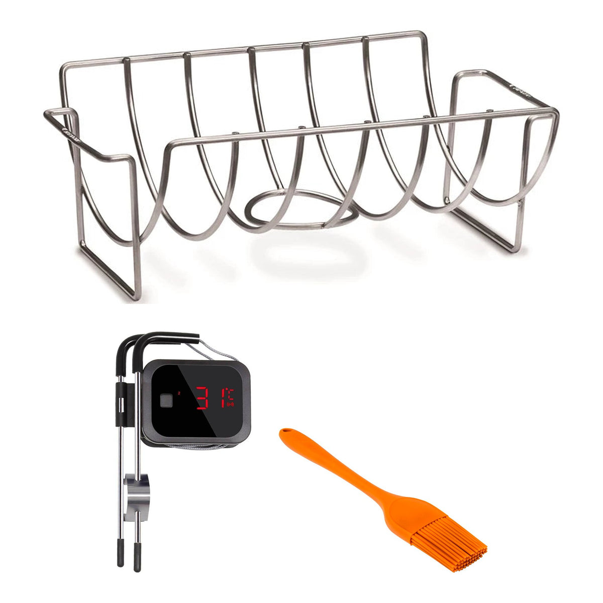 BBQ Equipment Bundle Chicken – Napoleon roast and chicken rack, Inkbird IBT-2X meat thermometer and Traeger Silicone Basting Brush