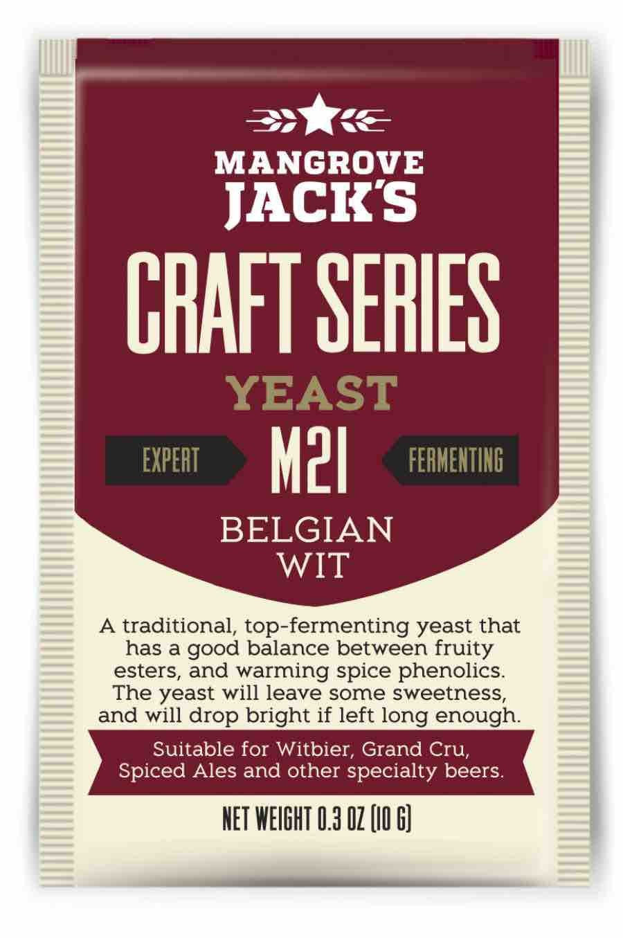 Forsiden av en Mangrove Jack's-pakke merket Belgian Wit M21 - 10 g, med produktinformasjon og beskrivelse - ideell for brygging av autentisk Witbier med denne overgjærende gjæren.