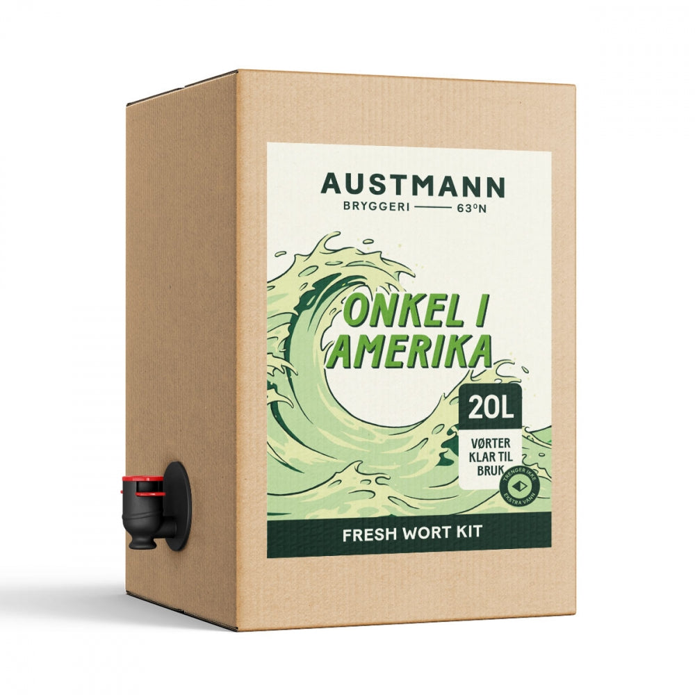 Austmann Onkel i Amerika Session IPA 20L Fresh Wort Kit fra Austmann, med en bølgeillustrasjon og en tappekran nederst til venstre på esken.