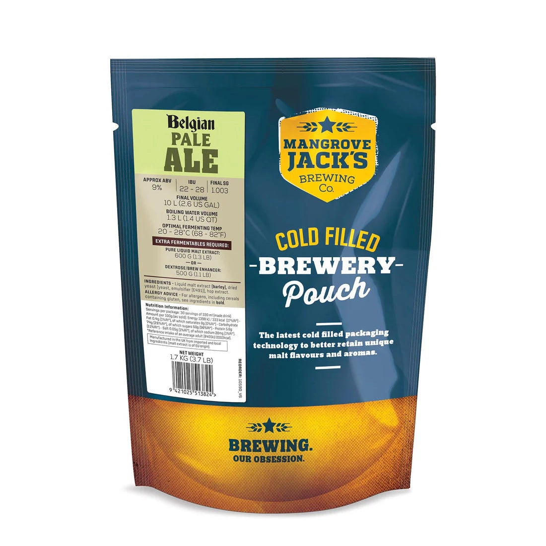 Mangrove Jacks Traditional Series Belgian Pale Ale ekstraktsett (1,8 kg) kaldfylt pose, med bryggedetaljer og produktmerkevare på forsiden.
