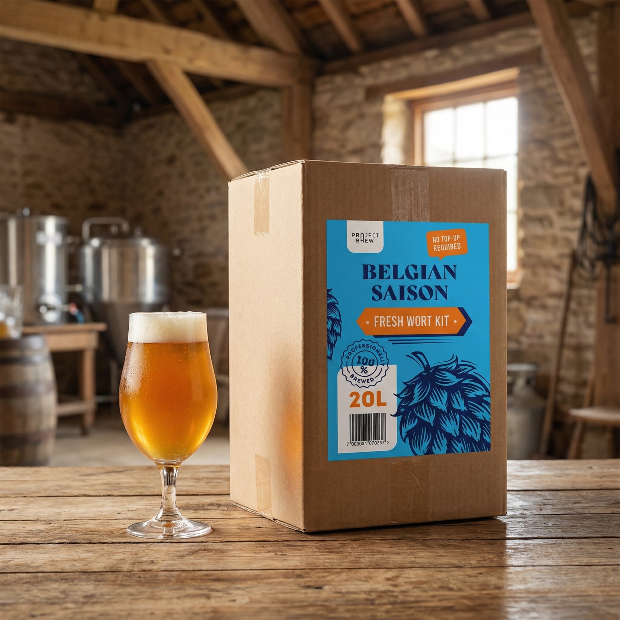 En eske med Project Brew Belgian Saison - 20L Fresh Wort Kit.