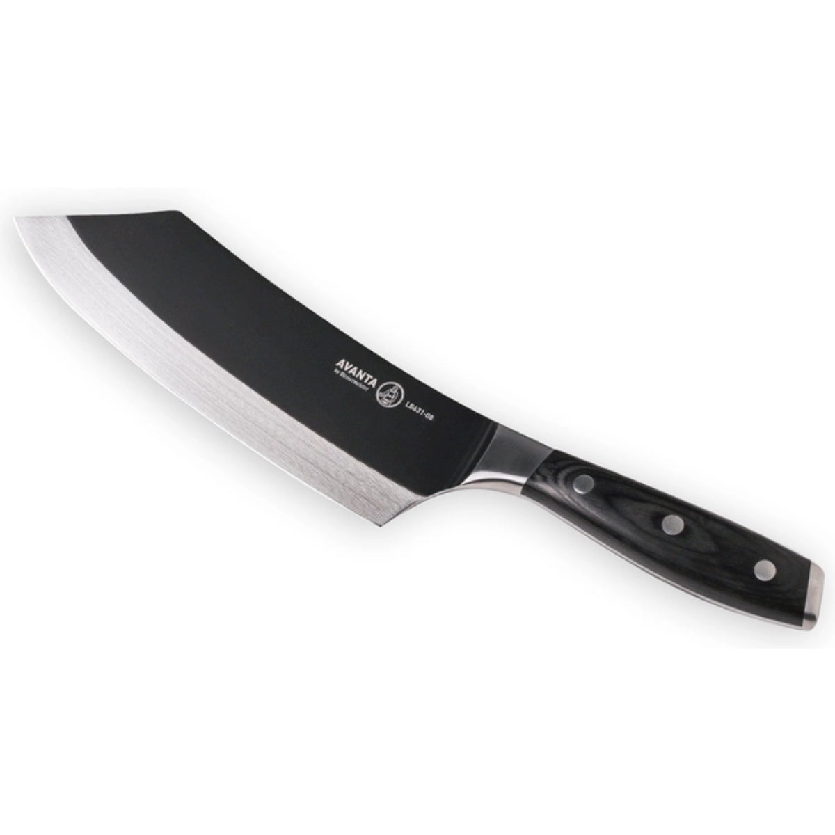 Bennie Kendrick BBQ-kniven fra Messermeister har et svart håndtak, et bredt blad og en skarp, vinklet egg laget av tysk X50 rustfritt stål, som her hviler på en hvit bakgrunn.