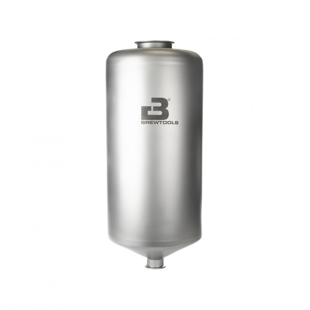 Brewtools MiniUni 20 - Tank med standard tilbehør er en sylindrisk trykkbeholder i rustfritt stål med avrundet topp, smalt bunnutløp og Brewtools-logo - perfekt til trykkgjæring og øllagring.