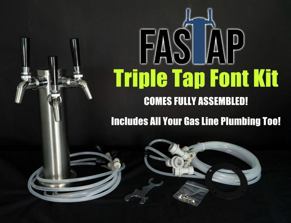 FasTap Font Kit - Tappetårn sett med 3 kraner fra Keg King inkluderer slanger, rørledninger, skiftenøkler og leveres ferdig montert for enkel øltapping hjemme. Har en svart FasTap-etikett og alle nødvendige gassledningstilkoblinger.