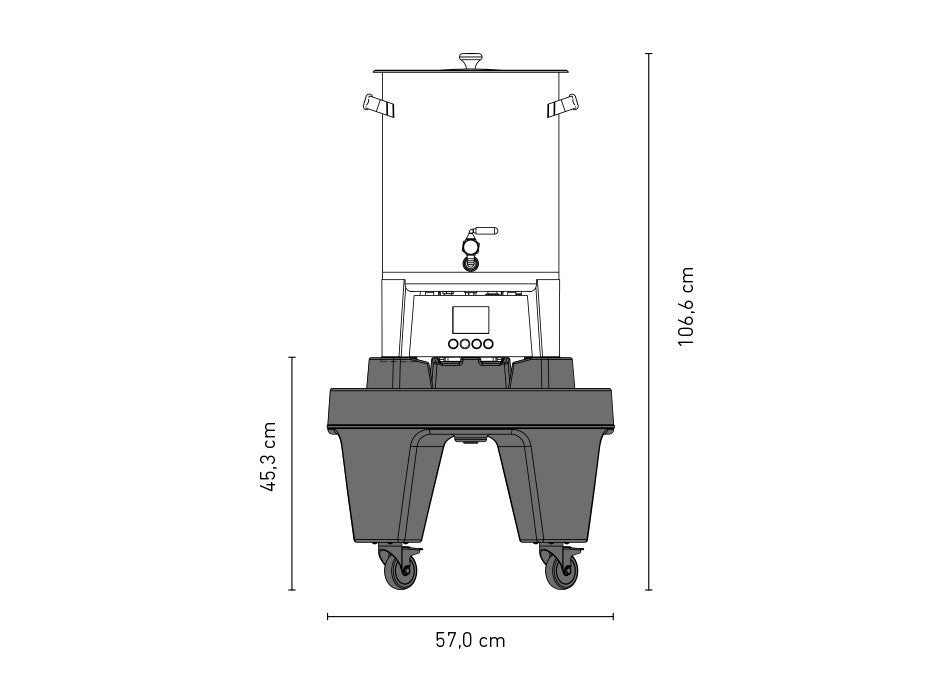 Teknisk diagram av Speidel Base med hjul til Braumeister 20L: en mobil beholder med kran, fire hjul og sokkel; måler 106,6 cm i høyden, 57 cm i bredden og 45,3 cm i bunnhøyden - ideell for brygging med hjul.