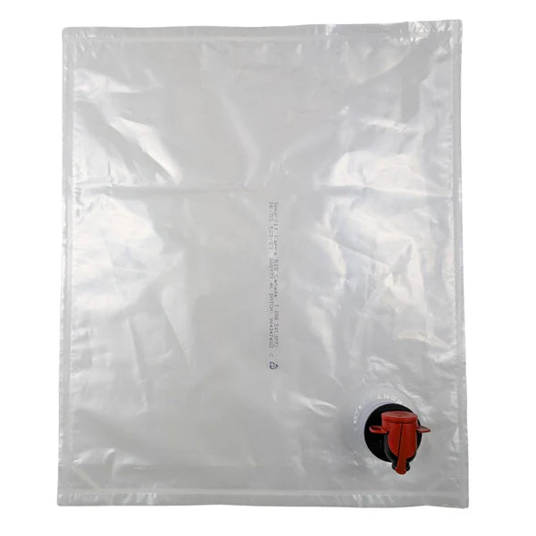 Handcraft Supplies 4L Bag in Box inneholder 5 gjennomsiktige, rektangulære plastposer med svart og rød bunntut og esker, perfekt til oppbevaring av vin.