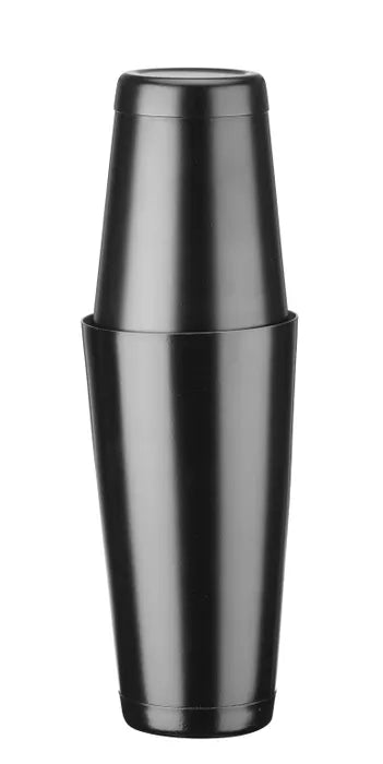 Bartender Tool Kit Sort - Hendi fra Hendi er en svart todelt cocktailshaker, med den lille koppen omvendt inni den store, som står oppreist mot en hvit bakgrunn - et must-have for enhver bartender.
