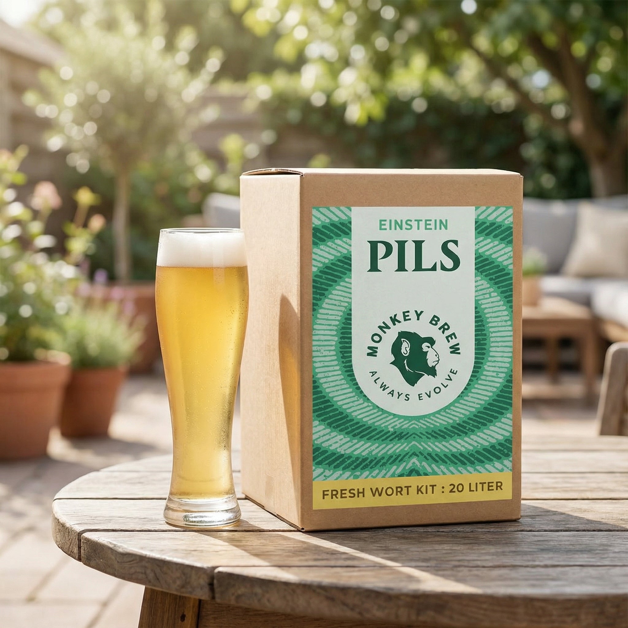 En Monkey Brew Einstein Pils - 20L Fresh Wort Kit-boks og en frisk pilsner står på et utebord i tre, omgitt av utemøbler og frodige planter.