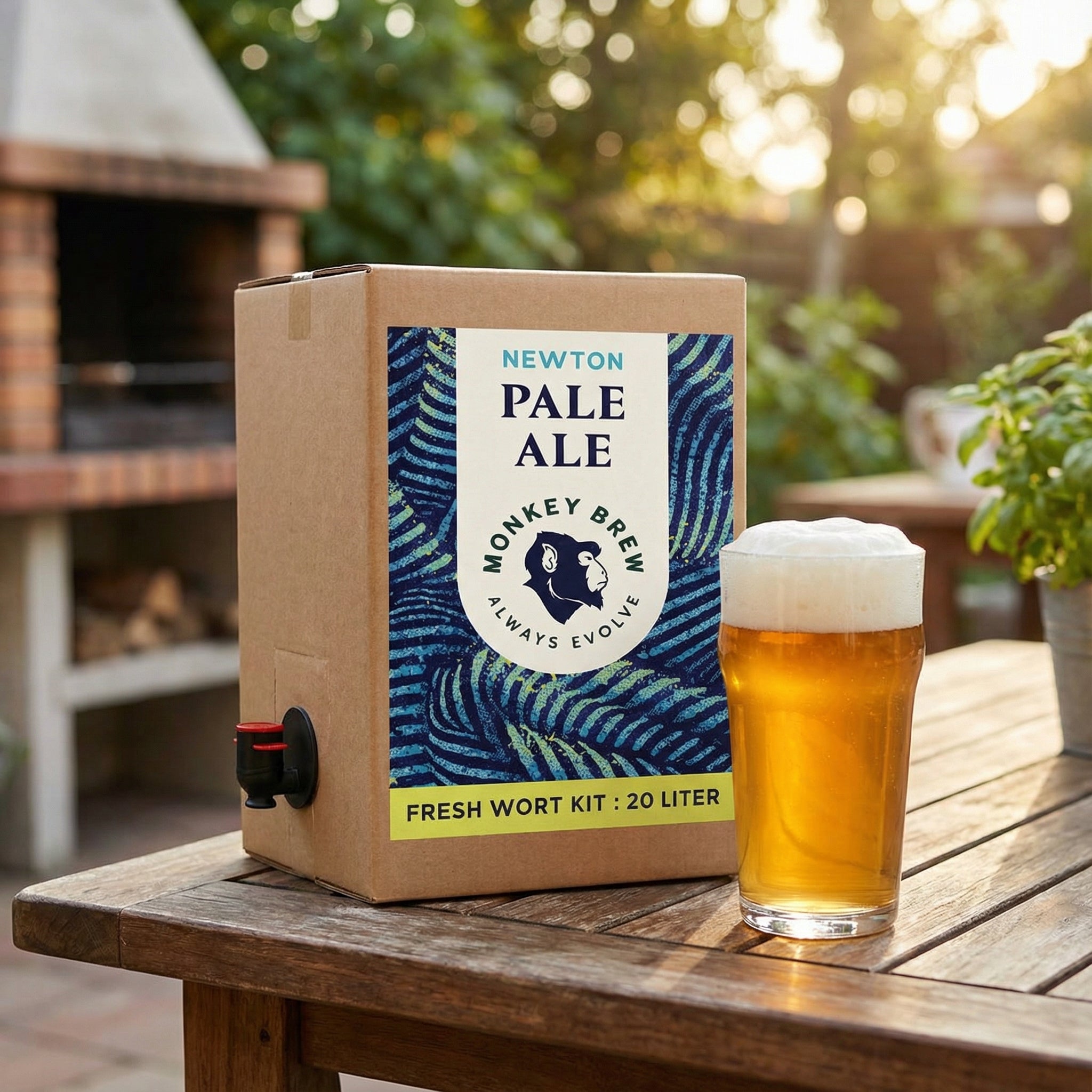 En eske merket "Monkey Brew Newton Pale Ale - 20L Fresh Wort Kit" fra Monkey Brew og et glass øl står på et bord utendørs, med en grill og grønne planter i bakgrunnen.