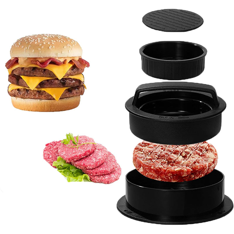 En dobbel cheeseburger, rå kjøttkaker med salat og en svart Non-Stick Burger Press – Hamburgerpresse, avbildet i demontert tilstand med en rå kjøttkake inni.