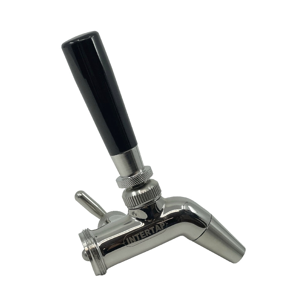 Keg King Intertap Flow Master tappekran med flow control, en øltappekran i rustfritt stål med svart håndtak, er vist mot en hvit bakgrunn.