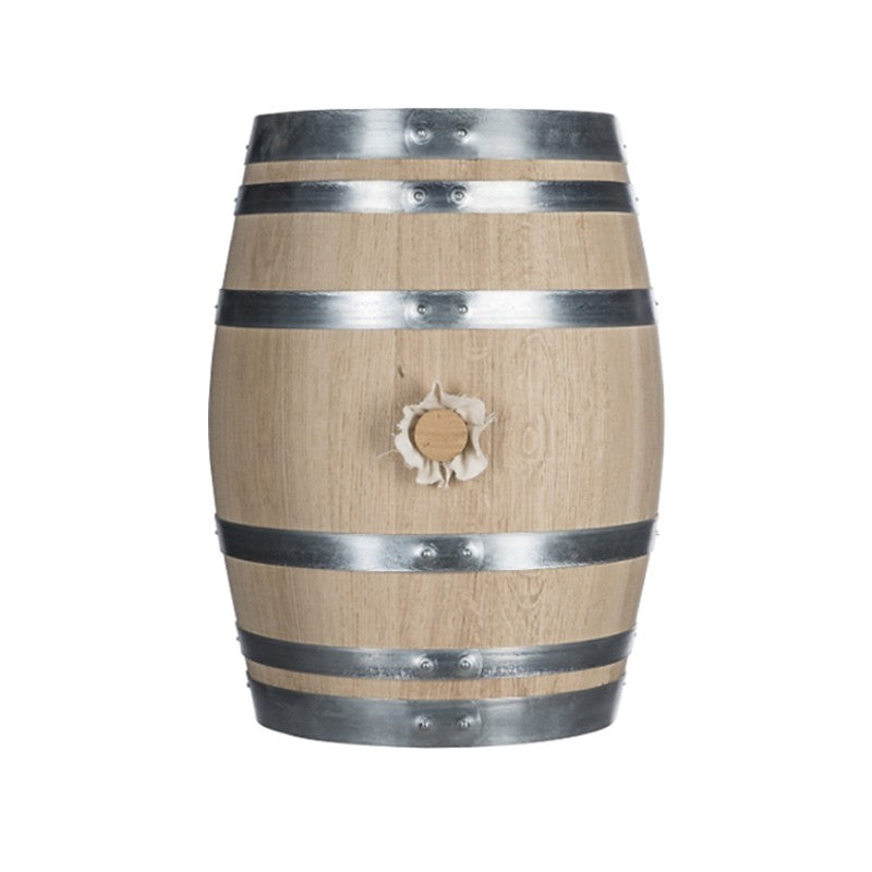 Tonnellerie Allary Eikefat 20L - French Oak Medium Toast står oppreist på en hvit bakgrunn, med galvaniserte stålbånd og en rund trepropp i midten.