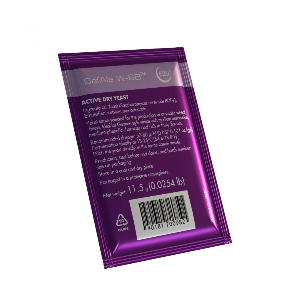 En lilla pose med Fermentis SafAle W-68 - 11,5 g (Tysk hveteøl), ideell for brygging av tysk hveteøl, inkluderer en ingrediensliste og bruksanvisning.