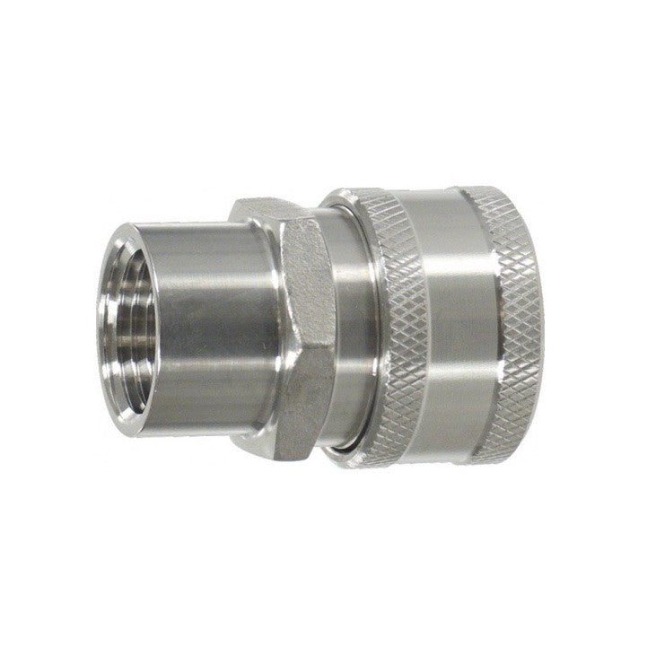 Et nærbilde av Brewshop Hurtigkobling hunn - 1/2" BSP hunn, laget av 304 rustfritt stål, med gjenget innside og riflet grep.