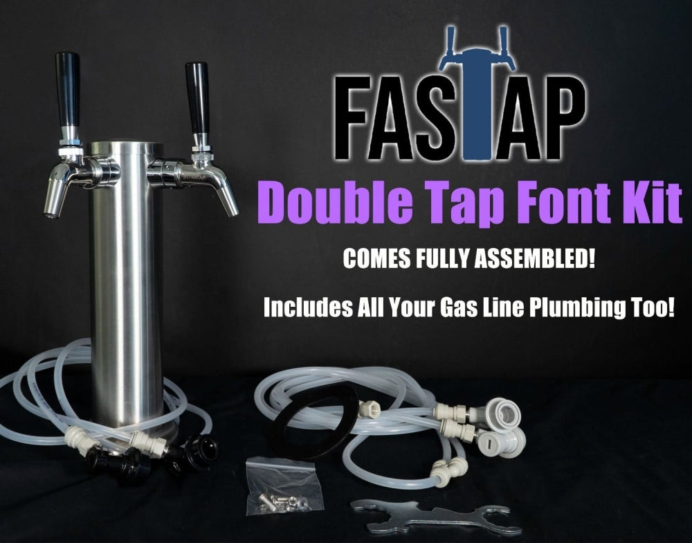 FasTap Font Kit - Tappetårn sett med 2 kraner fra Keg King inkluderer en Ultratap-tappekran, metallsylinder, slanger, koblinger og verktøy - ferdig montert for din kegerator med komplett gassrørleggerarbeid.