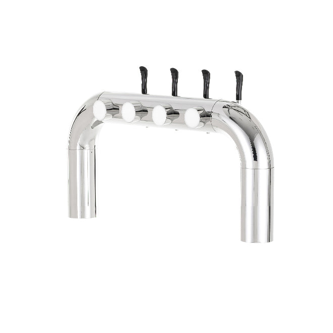 Lindr Cold Bridge U4 Tappetårn er et skinnende metalltappetårn med fire svarte tappekraner og et elegant U-formet design, avbildet mot en hvit bakgrunn – ideelt for profesjonelle tappeanlegg og utstyrt med Cold Bridge-kjøling for å sikre optimal serveringstemperatur.
