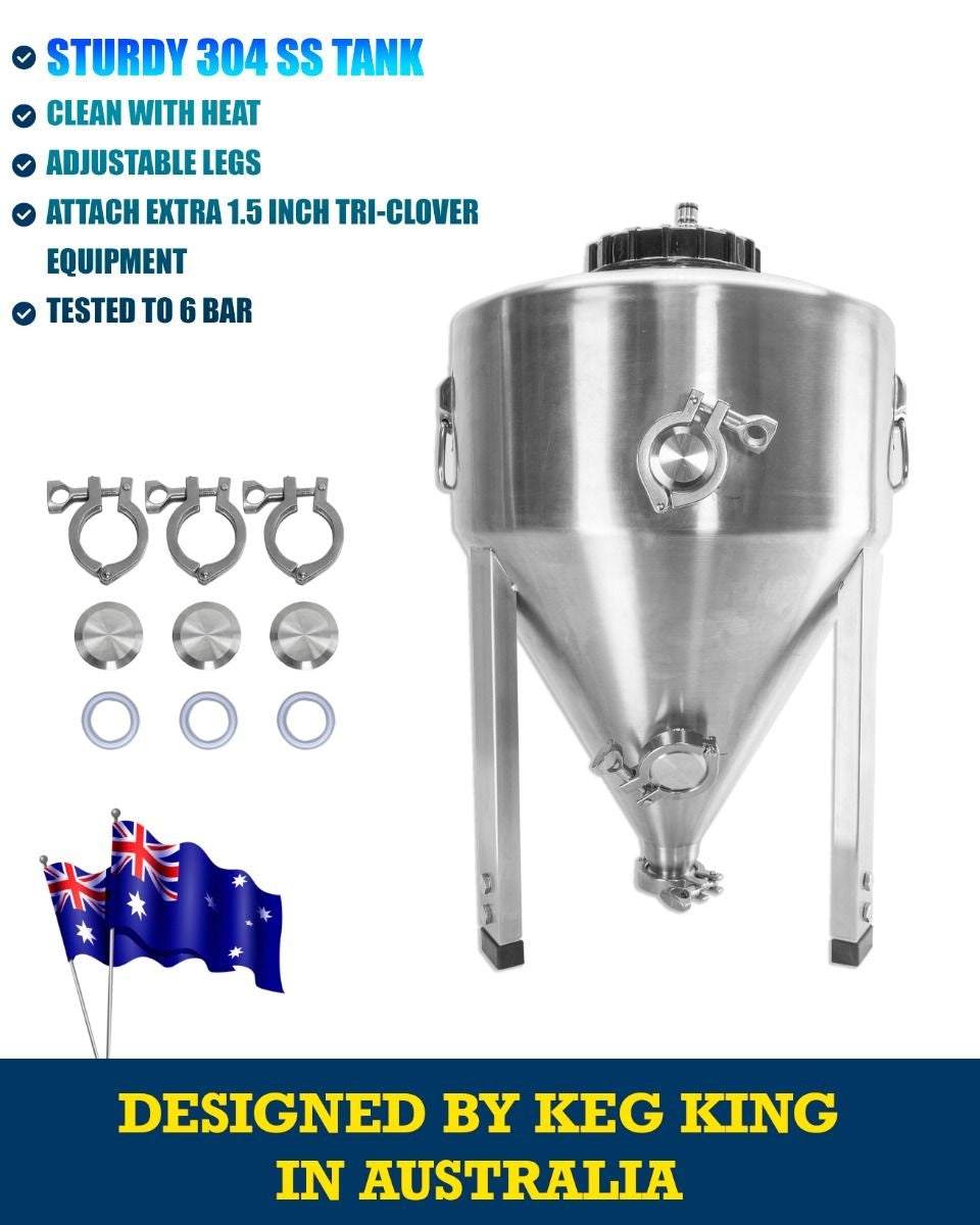 Apollo Titan 30L Unitank av rustfritt stål fra Keg King med tri-clamp porter, pakninger og australske flagg; se funksjoner og spesifikasjoner til venstre.