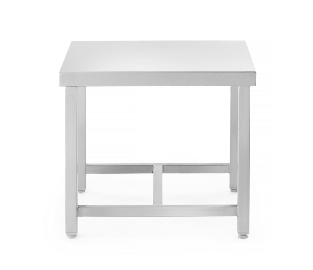 Kvadratisk Hendi-bord (Bord av rustfritt stål) i metall, 550 x 550 x 450 mm, med flat bordplate og fire rette ben forbundet med en tverrstang, avbildet på hvit bakgrunn.