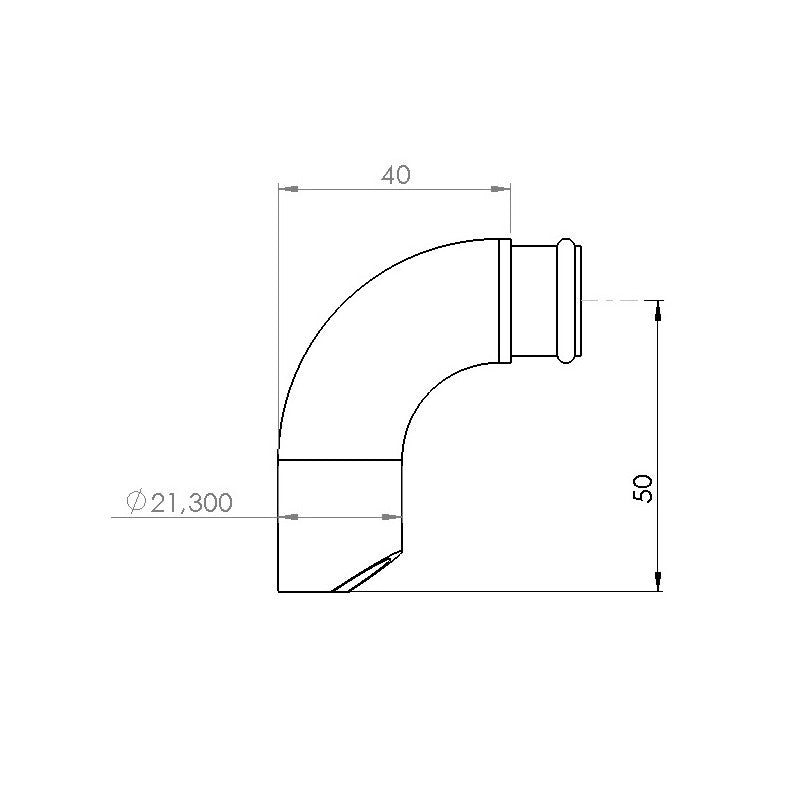 Teknisk tegning av BacBrewing Dip Tube/Siphon for Speidel Braumeister (50 mm): har lengde 40 enheter, høyde 50 enheter, diameter 21,3 enheter og en medfølgende o-ring i FDA-silikon for sikker forsegling.