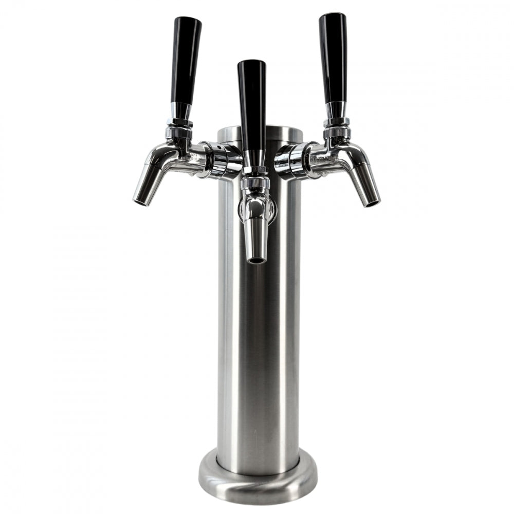 Keg King FasTap Font Kit tappetårn sett med 3 kraner har tre tappekraner med svart håndtak, ideelt for ditt hjemme tappesystem, vist mot en vanlig hvit bakgrunn.