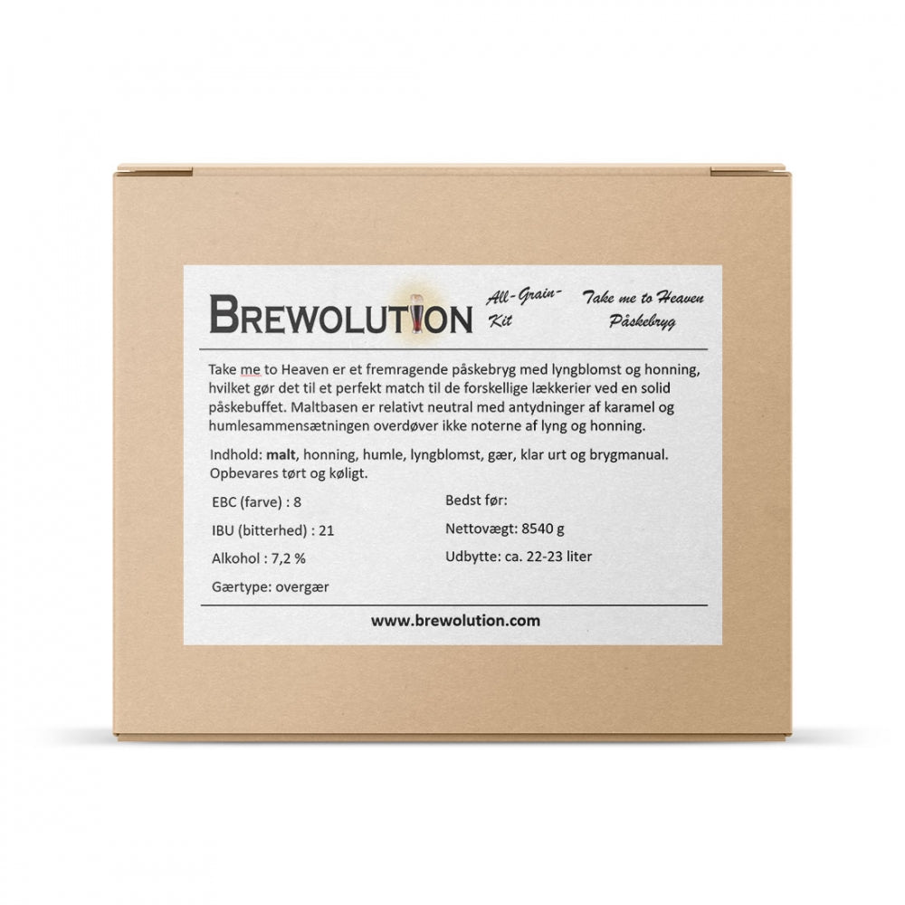 En Brewolution-pappeske med en trykt etikett beskriver Take me to Heaven Påskeøl allgrain ølsett - inkludert hjemmeknust malt, spesifikasjoner og nettside - ideelt for ditt neste allgrain påskebrygg.