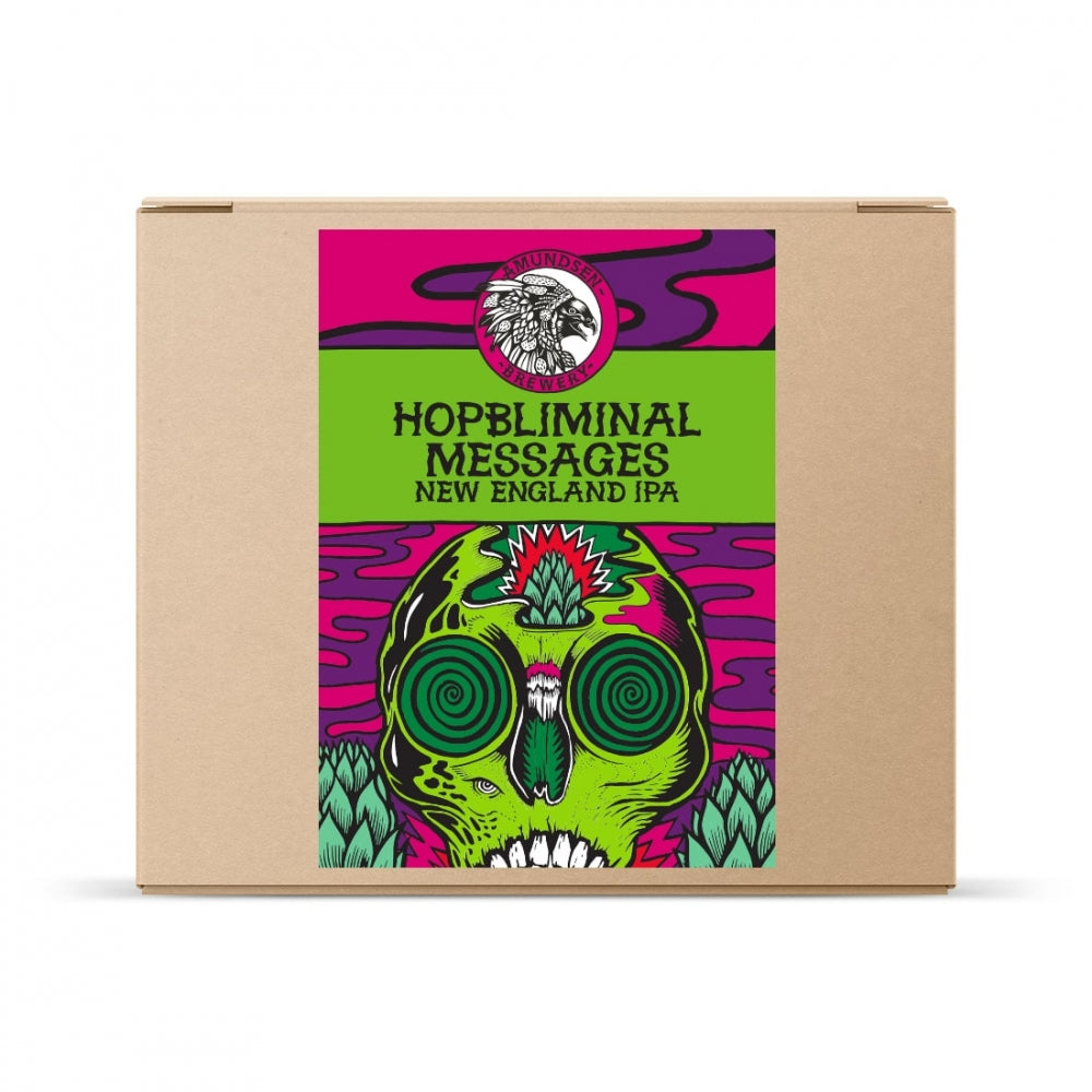 En pappeske merket Amundsen Hopbliminal Messages - Hazy IPA - allgrain ølsett, fra Amundsen, har en grønn hodeskalle mot en lilla og rosa bakgrunn - ideell for fans av hazy IPA og hjemmebrygging.