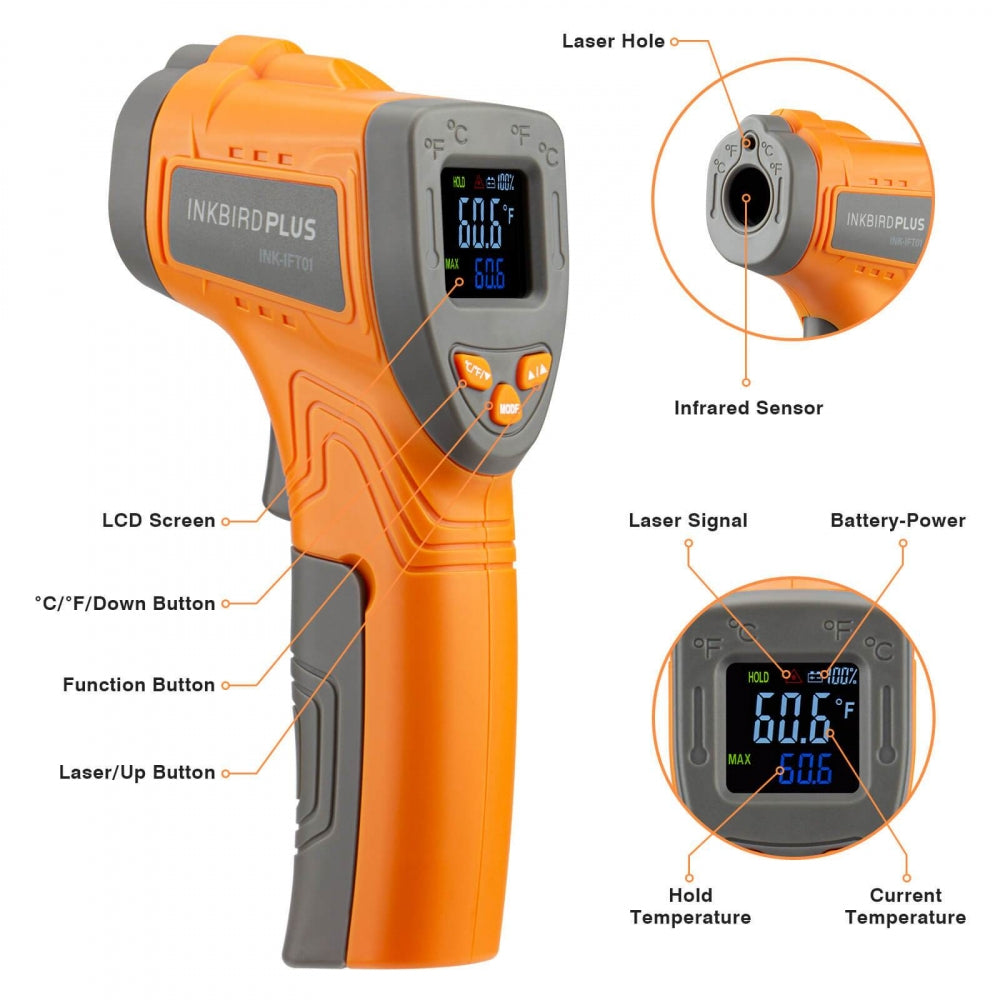 Inkbird INK-IFT01 Infrarødt Termometer med Laser (Opptil 550°C) fra Inkbird har LCD-skjerm, knapper, infrarød sensor og laserhull-perfekt for måling av overflatetemperatur med temperaturhold og tydelig visning.