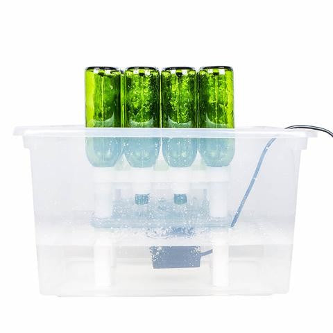 Fire grønne glassflasker er plassert opp ned i vann i en gjennomsiktig plastbøtte som vaskes med FastBrewing FastWasher 12 - Flaskevasker (0,5 l - 0,75 l); utstyret er nedsenket og strømledningen er synlig.