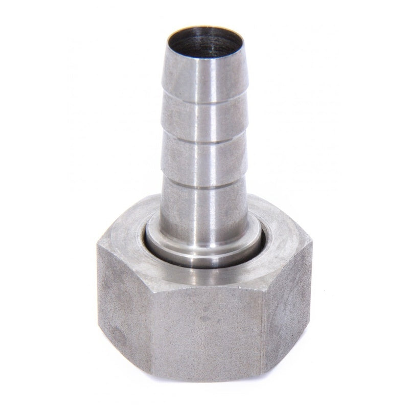 KeyKeg 10mm slangenippel med 5/8" BSP mutter er en metallarmatur med sekskantet base og rillet sylinder til slange.