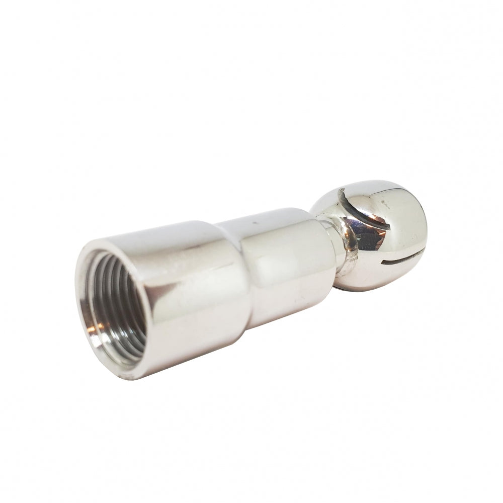 Brewshop CIP vaskeball roterende - 1/2" FPT (NPT hunn) er en sølvfarget, rund rengjøringskule laget av 304 rustfritt stål for effektiv CIP-rengjøring.