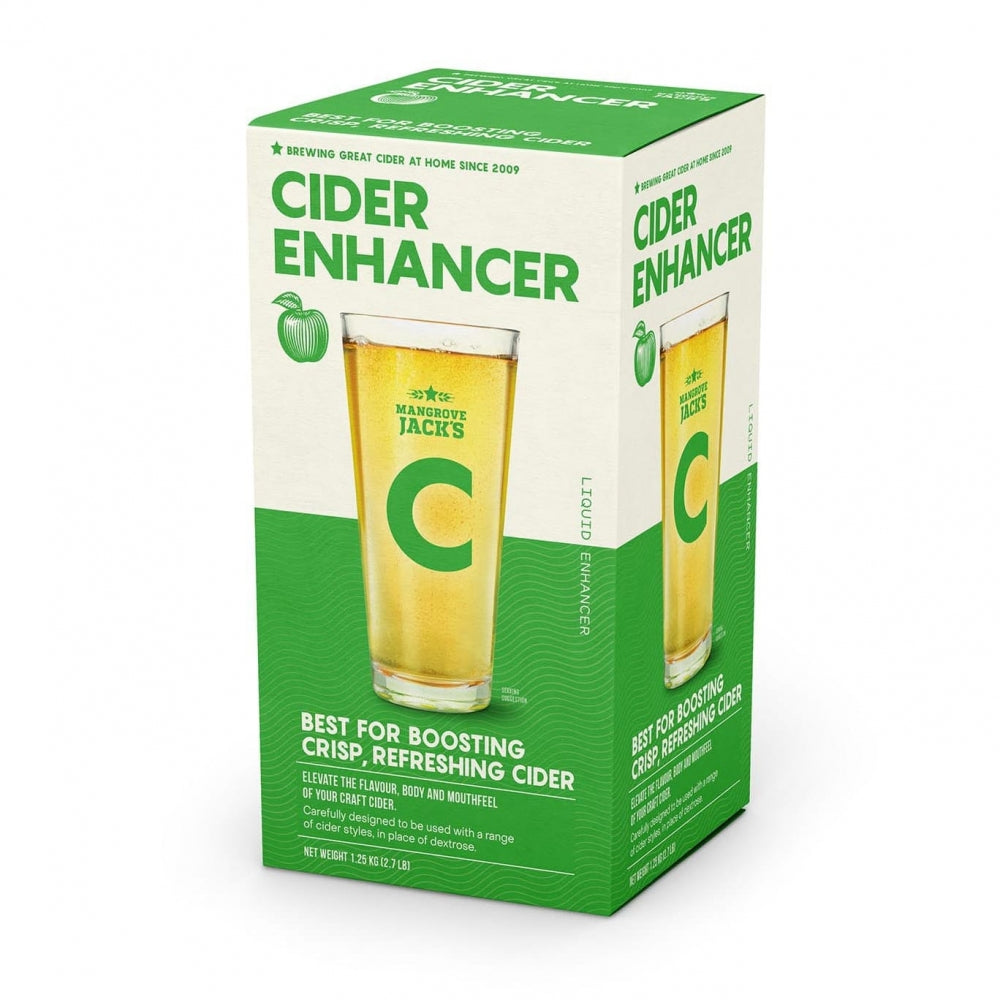 Mangrove Jacks Cider Enhancer 1,2 kg er perfekt for brygging av cider, med et glass cider og produktdetaljer vist på forsiden.