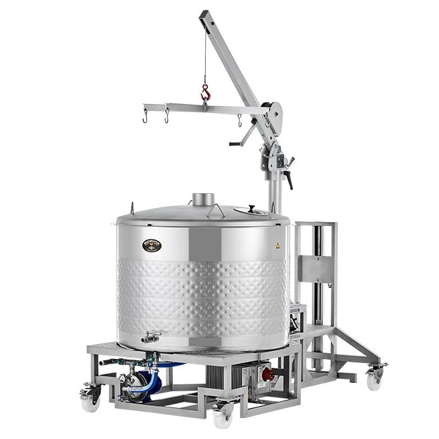 En stor gjæringstank i rustfritt stål på hjul med løftearm og ventiler, perfekt bryggeutstyr for vinproduksjon eller brygging, kompatibel med Speidel #Braumeister 500L - Bestillingsvare fra Speidel.
