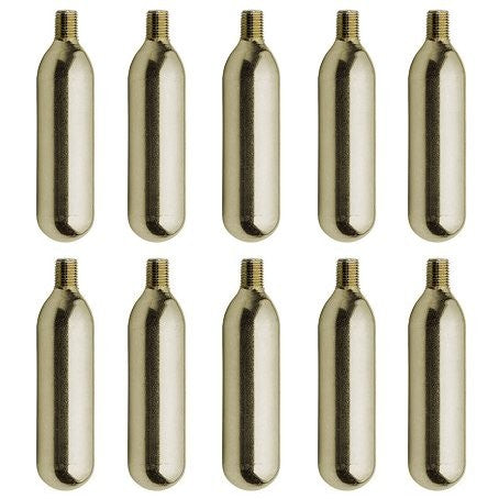 Ti Liss CO2 patroner 16g - 10 stk - med gjenger er plassert i to rader på fem mot en hvit bakgrunn.