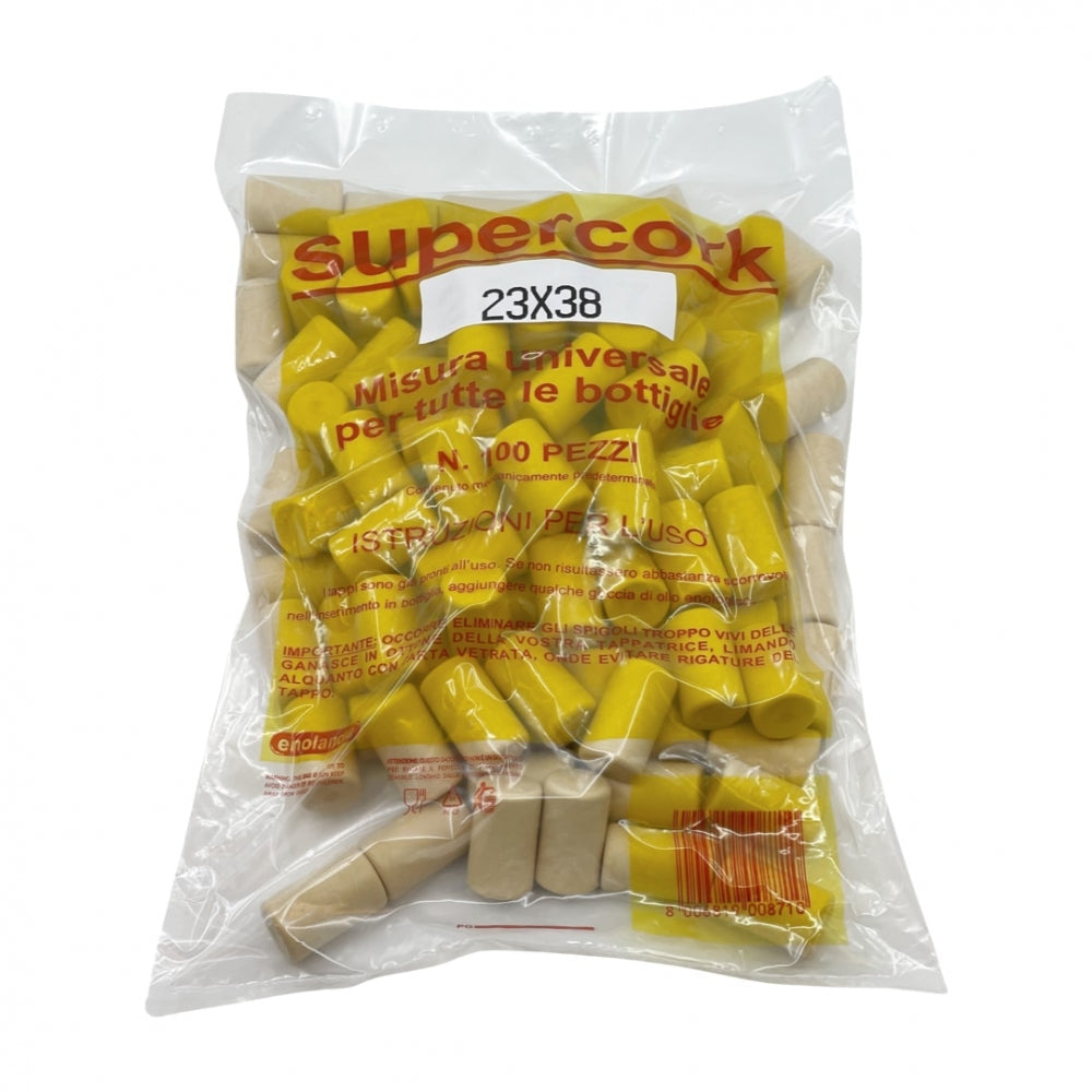En gjennomsiktig plastpose merket Enolandia Supercork 23 x 38 mm syntetiske vinkorker (100 stk) inneholder beige korker med gule ender og italiensk tekst - perfekt til vinlagring.