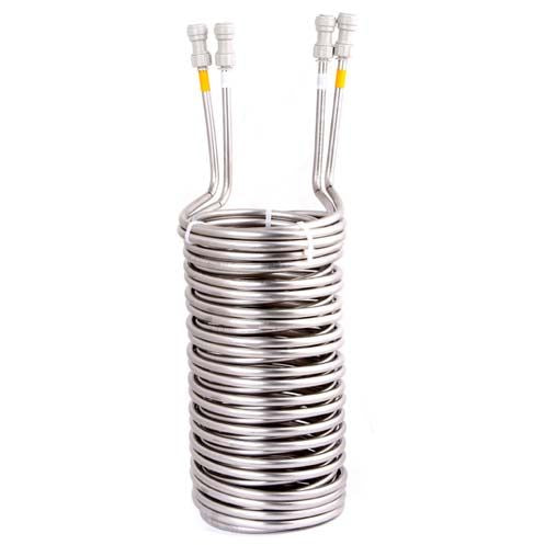 Lindr Coils 3+4 for AS-80 og 5+6 for AS-110 (2 × 8 m) har en konstruksjon i rustfritt stål med doble inntaks-/utløpsrør i toppen, som er kompatible med Lindr coil sett for kjølespiral tappelinje.