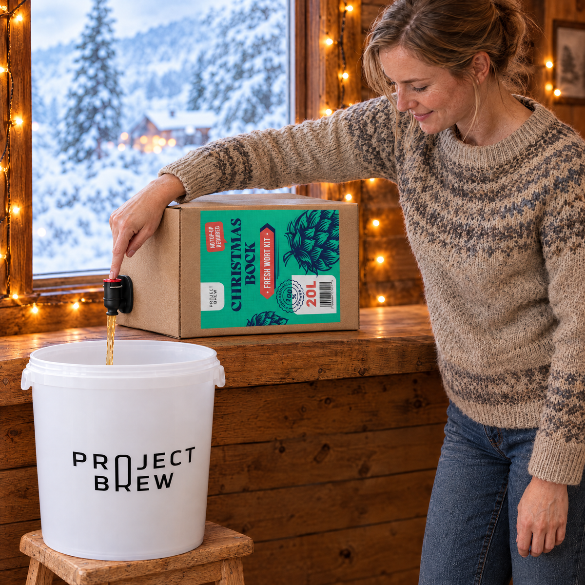 Kvinne tapper vørter fra Christmas Bock - 20L Fresh Wort Kit rett over i gjæringsbøtta, med esken liggende på benken i en hytte med snø utenfor vinduet