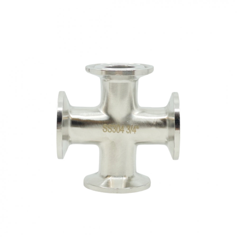 Brewshop 34 mm Tri-Clamp Kryss er en sølvfarget metallrørfitting laget av slitesterkt 304 rustfritt stål.