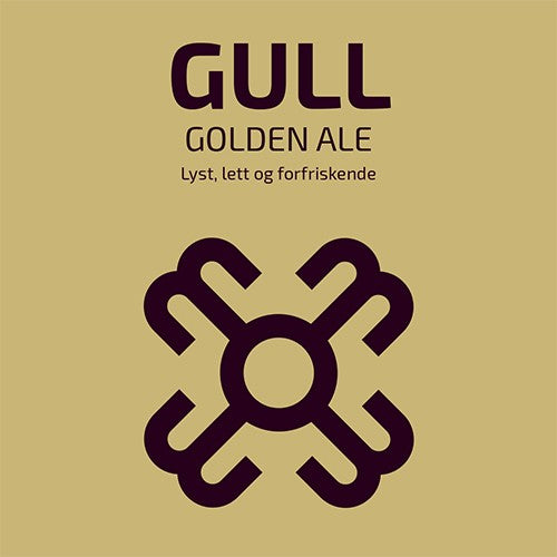 Brewshop Hogna Brygg Gull Gull allgrain ølsett-etiketten har "GULL GOLDEN ALE" og "Lyst, lett og forfriskende" over et geometrisk svart symbol på brunfarge. Perfekt for hjemmebryggeren som vil ha et friskt allgrain øl.