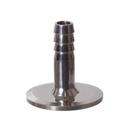 Brewshop 1,5" Tri-Clamp x 1/2" slangenippel er en slangekobling i rustfritt stål med en rund Tri-Clamp-base og tre pigger for sikker slangetilkobling.