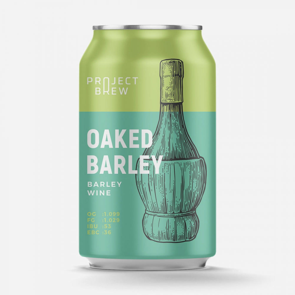 En boks med Project Brew Oaked Barley Wine - allgrain ølsett, med en vinflaskeillustrasjon og produktinformasjon på en grønn og blågrønn bakgrunn. Ideell for allgrain ølsett-fans.