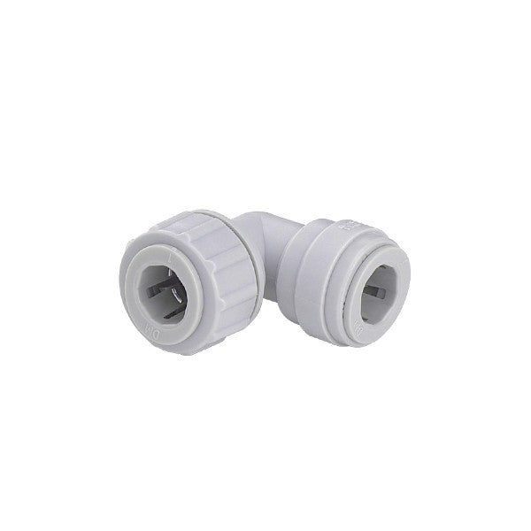 DMfit Power Union Elbow 3/8" x Power 5/16" er en hvit, matvaregodkjent push-fit-vinkel med to gjengede ender fra Dmfit, designet for å koble sammen rør i 90 graders vinkel.