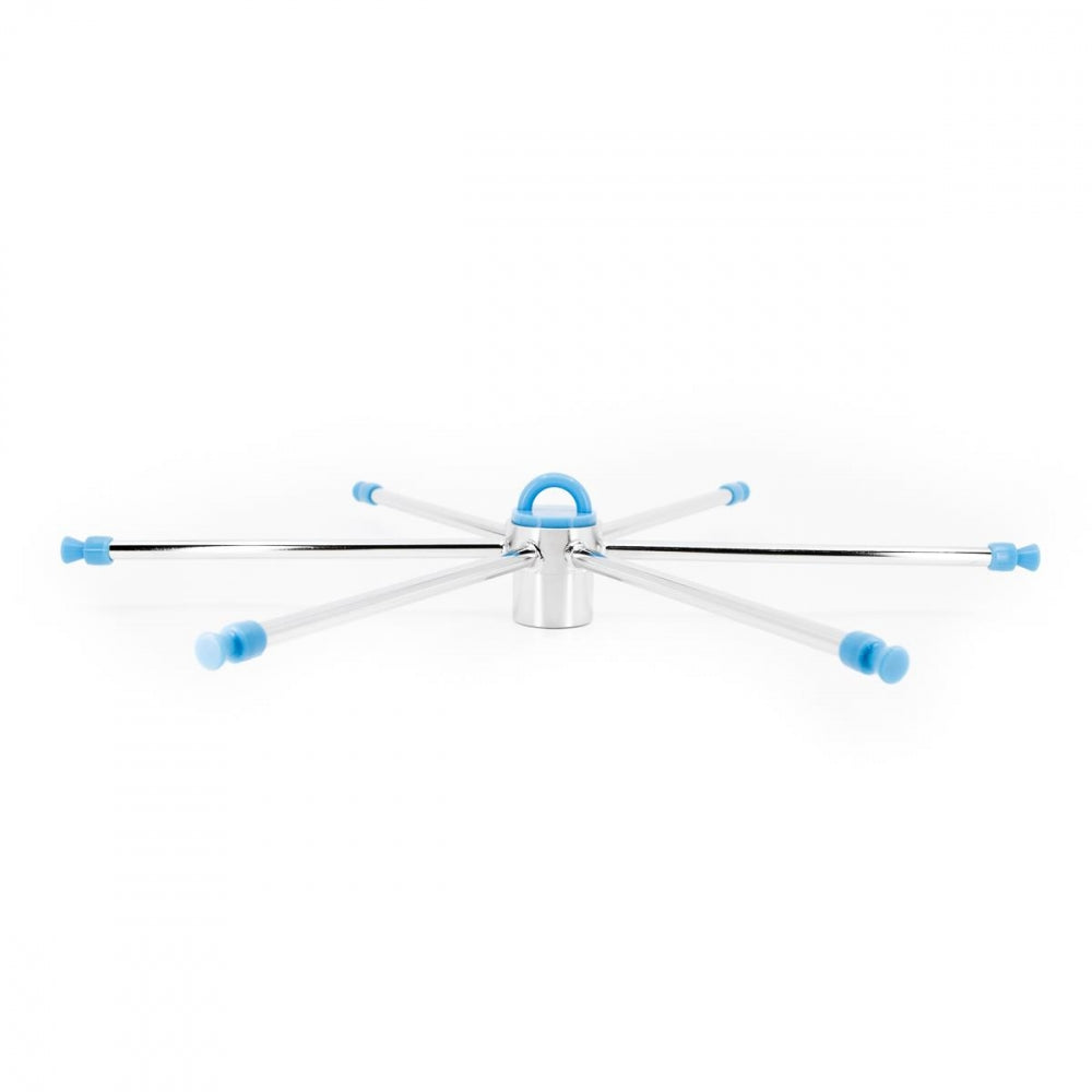 Brewtools Skylle-manifold Medium for B80pro er et takstativ i metall og plast med seks uttrekkbare armer med blå kappe, spredt ut på en hvit bakgrunn.