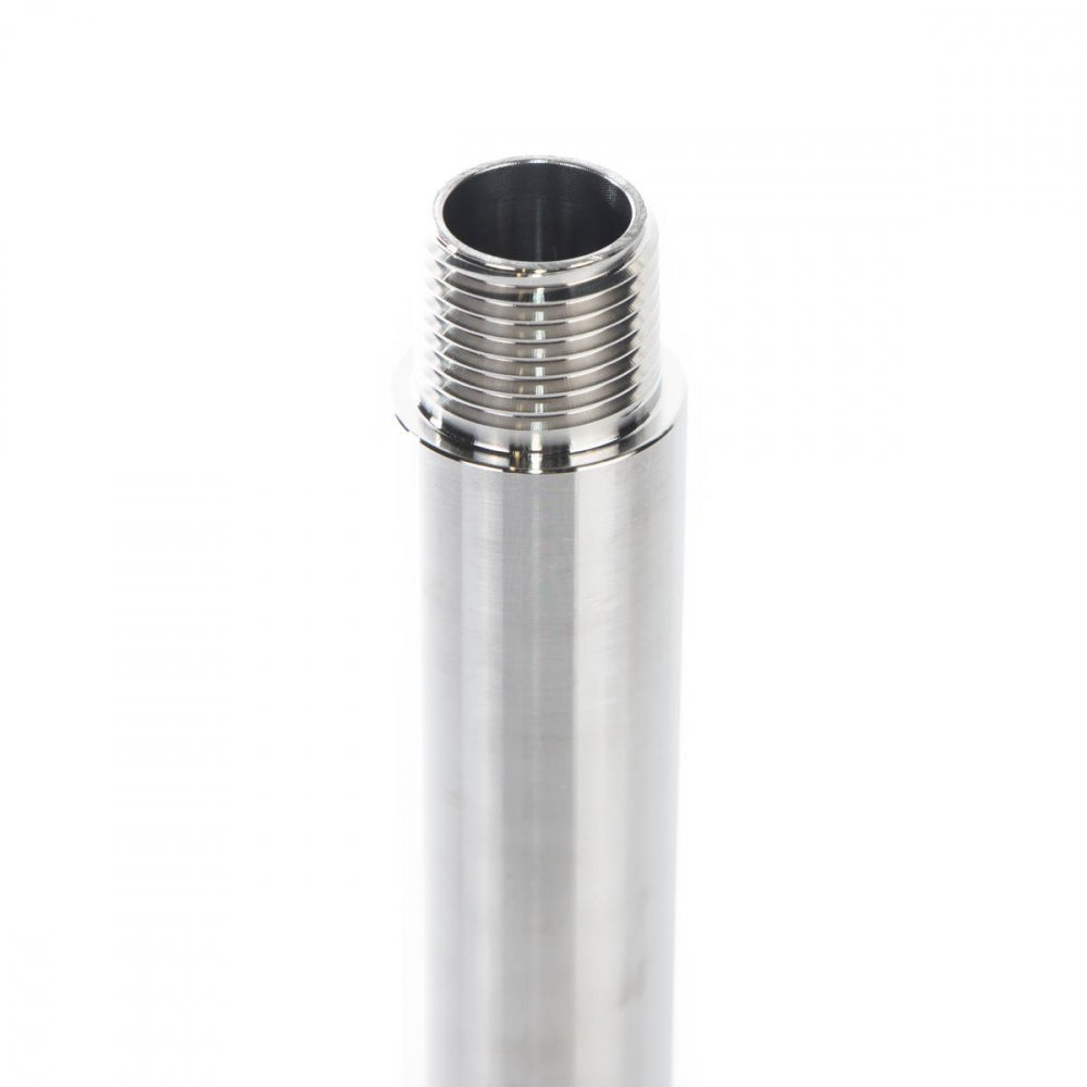 Nærbilde av Brewtools Forlengerrør til Brewtools, 200 mm 1/2" NPT - et sylindrisk metallrør med 1/2" NPT utvendig gjenge i den ene enden - mot en vanlig hvit bakgrunn.